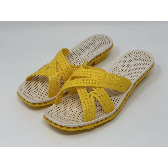 Vintage Sensi & C Pool Spa Wedge Sandals Assisi Italy Size 8 38 39 Yellow - Picture 1 of 10